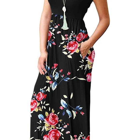 AUSELILY Women Short Sleeve Loose Plain Casual Long
Maxi Dresses with Pockets - Picture 4 of 5